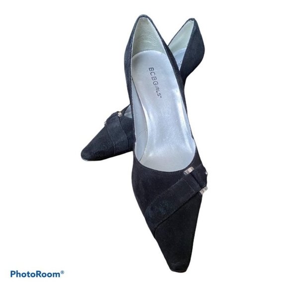 BCBGirls Office Siren Black Suede Pointed Toe Silver Buckle Pumps Size 39 Womens - Picture 4 of 12